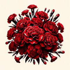 赤いカーネーションの花束のイラスト。たくさんのカーネーションの花のプレゼントのイメージ