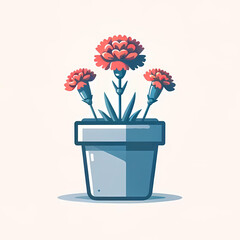 赤いカーネーションの鉢植えのイラスト。背景は無しで、鉢にカーネーションの花が植えられているシンプルなイメージ