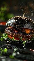 Squid ink burger a surprising creation with a squid patty and a jet black bun served with aioli