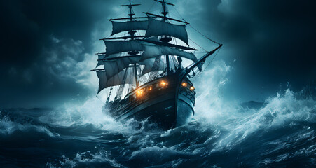 a large sailing ship is in rough seas - obrazy, fototapety, plakaty