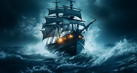 Tuinposter a large sailing ship is in rough seas © Matthew
