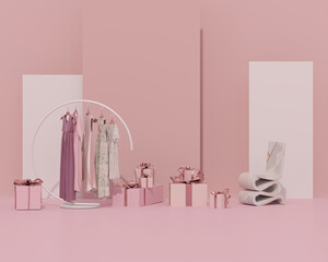 Obraz premium Arc Shape Wrought Coat Rack Hanger Stand in pastel pink colors, armchair on pink background. Creative composition.3d rendering, store and bedroom concept, shopping and lady