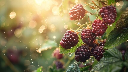 Sparkling water droplets on fresh, ripe blackberries, summer captured