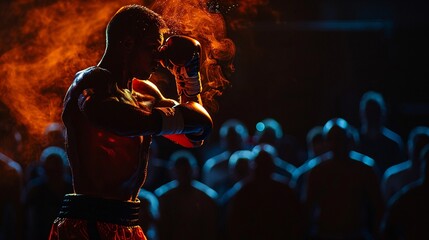 A boxer, illuminated by a single, dramatic light, throwing a punch that transforms into a phoenix, symbolizing rising through resilience and determination to overcome a stronger rival