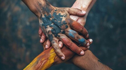 A closeup of intertwined hands of diverse skin tones, each hand marked with a piece of a puzzle tattoo that forms a complete picture when united, illustrating the strength and victory in teamwork - obrazy, fototapety, plakaty
