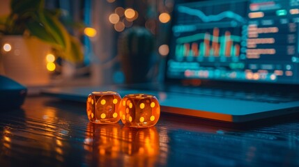 A closeup surreal image capturing the moment a pair of glowing dice are cast beside a sleek laptop on a polished executive desk The dice symbolize the gamble of business decisions