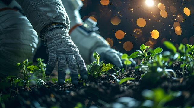 A closeup of an astronauts hand, gently planting a verdant, alien plant on a floating farm in outer space, with Earth glowing softly in the background