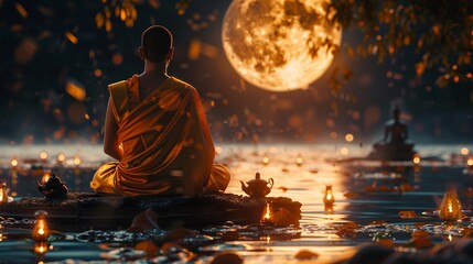 Beneath the full moon ethereal beings play traditional Thai music on otherworldly instruments made of light and shadow The musics vibrations create ripples in the air and water