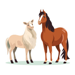 Horse and goat flat vector illustration isolated wh
