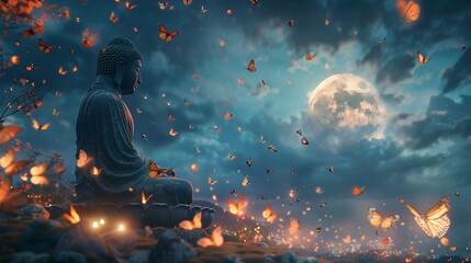 The Great Buddha illuminated by the full moon with millions of luminous butterflies emerging from the statue and the surrounding scenery - obrazy, fototapety, plakaty