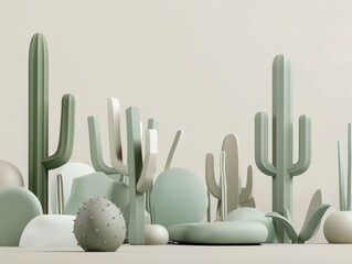 A 3D render of cactuses and succulents in cool green tones, featuring geometric shapes and a minimalist aesthetic for modern decor on grey background,  - obrazy, fototapety, plakaty