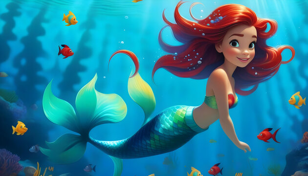 A girl with braided aqua and red hair, resembling a mermaid, swimming underwater surrounded by colorful fish