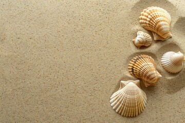 Fototapeta na wymiar Sea shells on sandy beach. Summer background. Top view. generative ai.