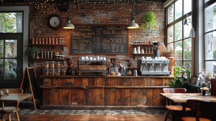 interior of a cozy aesthetic cafe with a retro atmosphere - 764408349