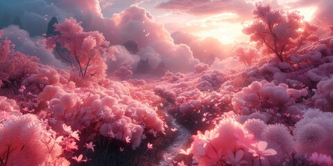 Magical landscape with a field of pink flowers - 764408353