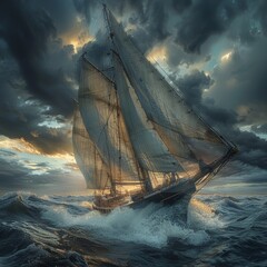 Magnificent  historical schooner sailing in the ocean - 764408373