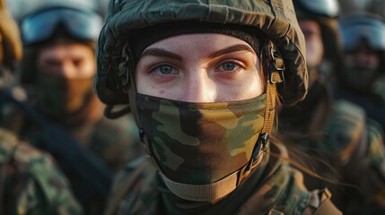 Focused female soldier with camouflaged face wearing helmet and military uniform among troops in field exercise. Strength and discipline in armed forces. - obrazy, fototapety, plakaty
