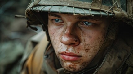 Fototapeta premium Focused soldier with camouflage face paint lying in wait during tactical military exercise. Strength and endurance in challenging environments.