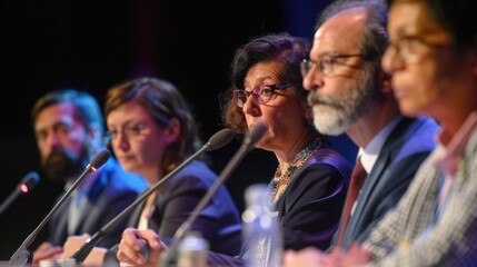 Panel of diverse experts engaging in discussion at conference event. Intellectual exchange and professional collaboration.