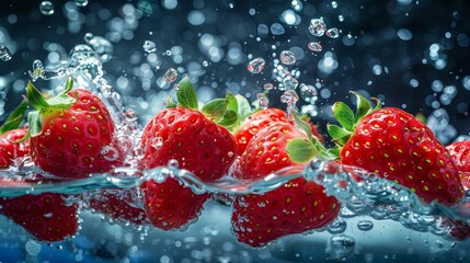 Fresh strawberries diving into crystal-clear water, vibrant splash