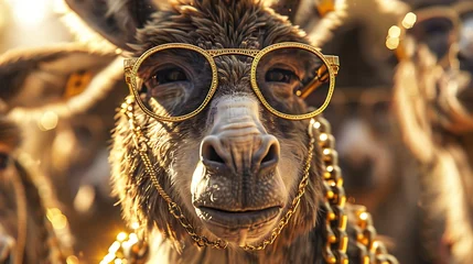Fotobehang A close-up of a donkey wearing sunglasses and gold chains. The donkey is looking at the camera with a serious expression. © vurqun