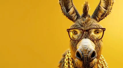 Tuinposter A closeup of a donkey wearing horn-rimmed glasses and gold chains around its neck. The donkey is looking at the camera with a serious expression. © vurqun