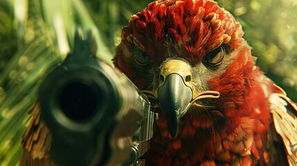 With a machine gun in its grasp the hawk character merges the fierceness of nature with human resolve - obrazy, fototapety, plakaty