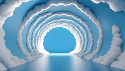 3d render, abstract minimal blue background with white clouds flying out the tunnel