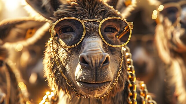 A close-up of a donkey wearing sunglasses and gold chains. The donkey is looking at the camera with a serious expression.