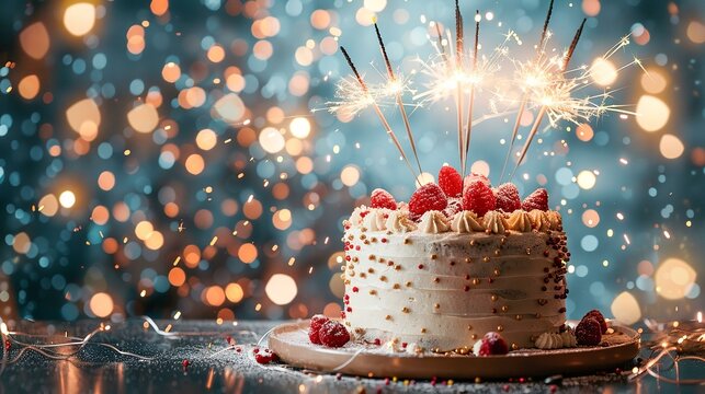 Festive blank card, birthday cake with sparklers, ready for wishes