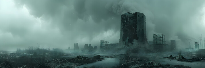 Artistic concept illustration of a destroyed nuclear landscape,
 ruined city with dramatic clouds scary halloween background concept - obrazy, fototapety, plakaty