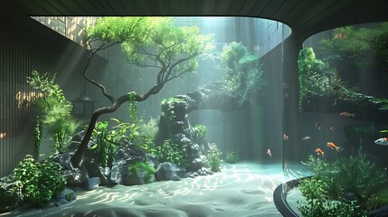 Large indoor fish tank with green plants and rocks. The tank has a curved glass front and is lit by a bright light. - Powered by Adobe