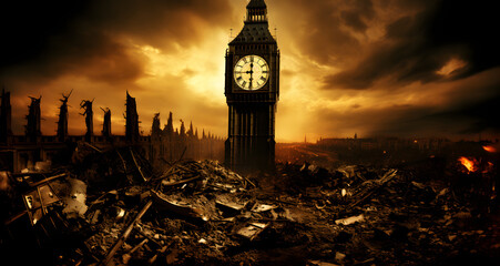 a tower towering over rubble with an enormous clock on top