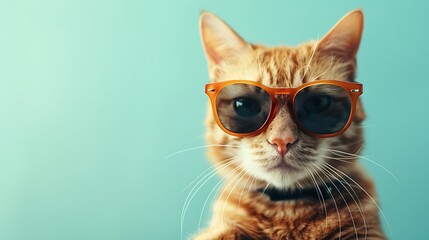 A ginger cat wearing sunglasses is looking at the camera with a serious expression.