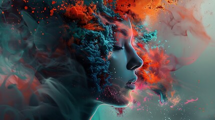 Portrait of a beautiful woman made of colorful powder. The woman is facing the right of the viewer and has her eyes closed. - obrazy, fototapety, plakaty