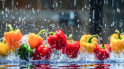 Bright bell peppers causing a colorful water dance upon impact