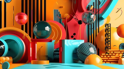3D rendering of a colorful abstract geometric background. The image features an array of spheres,...