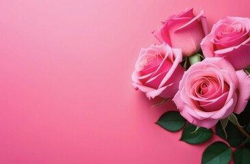 four vibrant pink roses against a monochromatic pink background. concepts: Valentines day, celebrations and anniversaries, femininity, nature and springtime, pink backdrops.