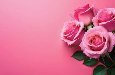 Fototapeta premium four vibrant pink roses against a monochromatic pink background. concepts: Valentines day, celebrations and anniversaries, femininity, nature and springtime, pink backdrops.
