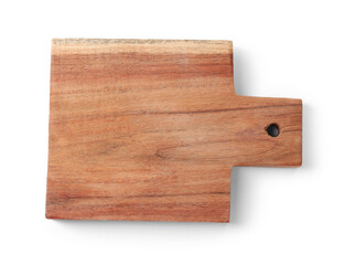 One wooden cutting board on white background, top view