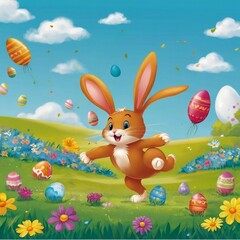 Celebrate Easter with a lively scene: a joyful bunny amidst flowers and colorful eggs, exuding springtime energy.