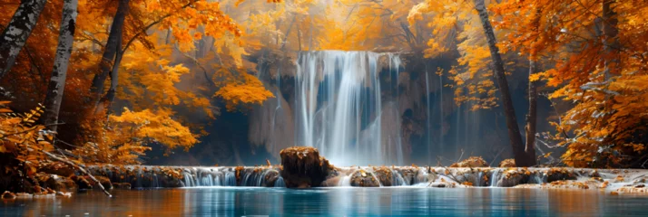 Deurstickers Amazing View Beautiful Waterfall in Colorful Autumn , A picture of a waterfall with the word waterfall on it © david