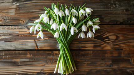 bouquet of snowdrops on wooden background