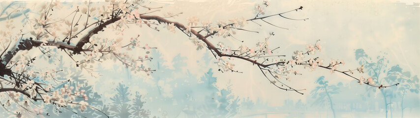 A Dreamy Depiction of Cherry Trees at Dusk