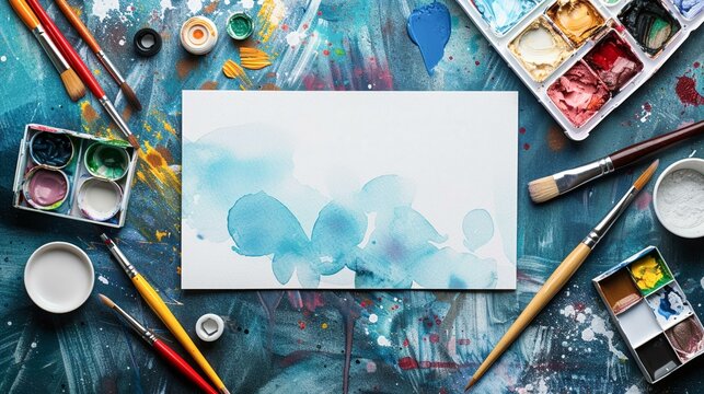 Artistic blank card, surrounded by watercolor supplies, creative birthday vibes