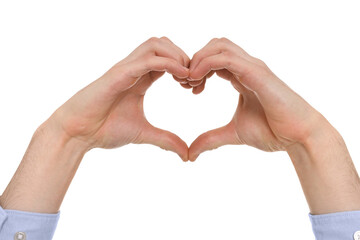 Man showing heart gesture with hands on white background, closeup