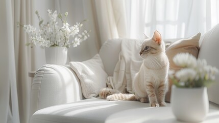Fototapeta na wymiar Serene white cat on armchair in sunlit room with wooden table and spring flowers