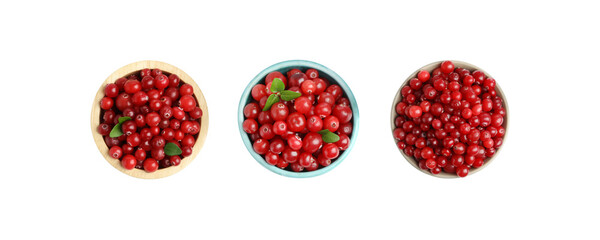 Set of fresh ripe cranberries in bowls isolated on white, top view