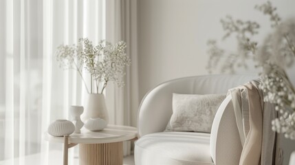 Wicker armchair with cozy cushions in a bright room with blossoming white flowers