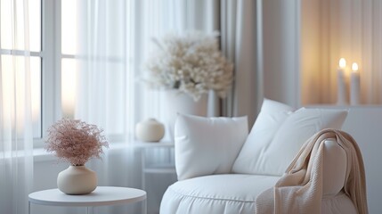 Modern beige sofa with plush cushions and pampas grass in a sun-drenched living room